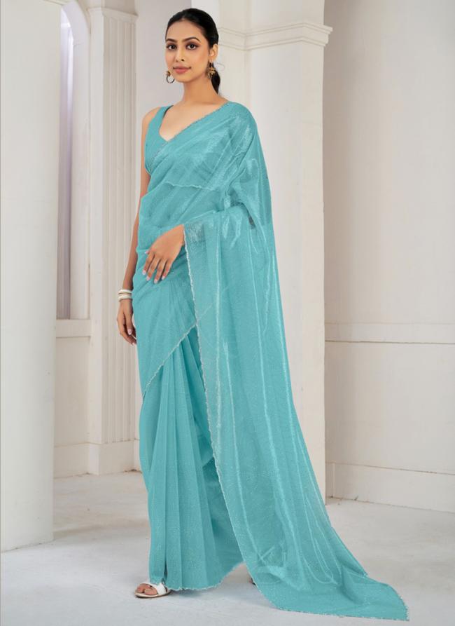 Soft Organza Sky Blue Casual Wear Hand Work Saree